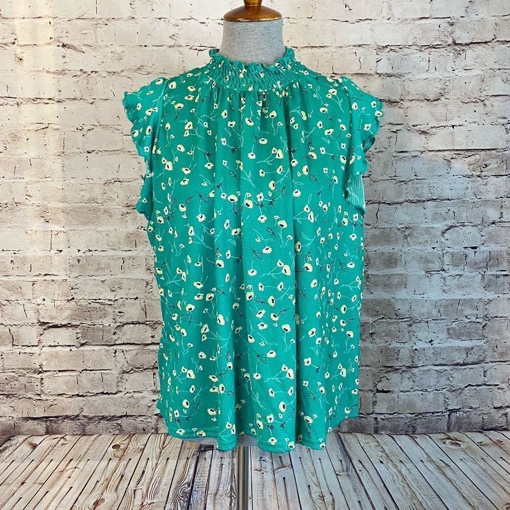 Melloday Green Floral High Neck Flutter Cap Sleeve Loose Fit Top Blouse Size XL
